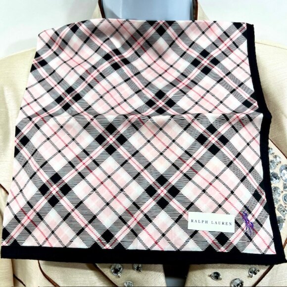 New Tag On Ralph Lauren MiniScarf/Handkerf Cotton/Silk 20" Pink Gray Black Check - Picture 2 of 8